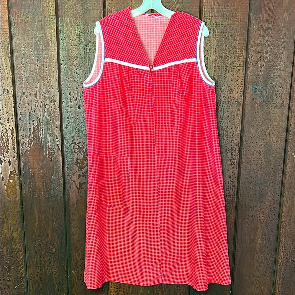 Vintage 80s 90s Housedress House Coat Dress Red & White Zip Front Cotton 1X XL